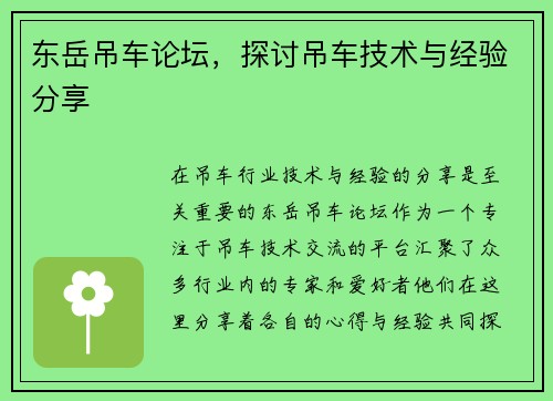 东岳吊车论坛，探讨吊车技术与经验分享