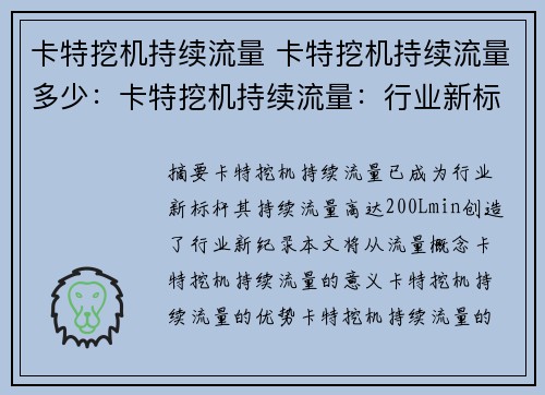 卡特挖机持续流量 卡特挖机持续流量多少：卡特挖机持续流量：行业新标杆