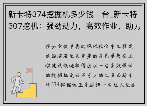 新卡特374挖掘机多少钱一台_新卡特307挖机：强劲动力，高效作业，助力工程建设